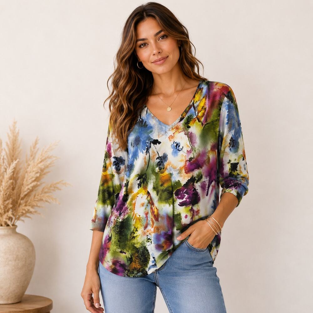 Attitudes by Renee Blouse Women's Size XL Multicolor Slinky Material Office Boho